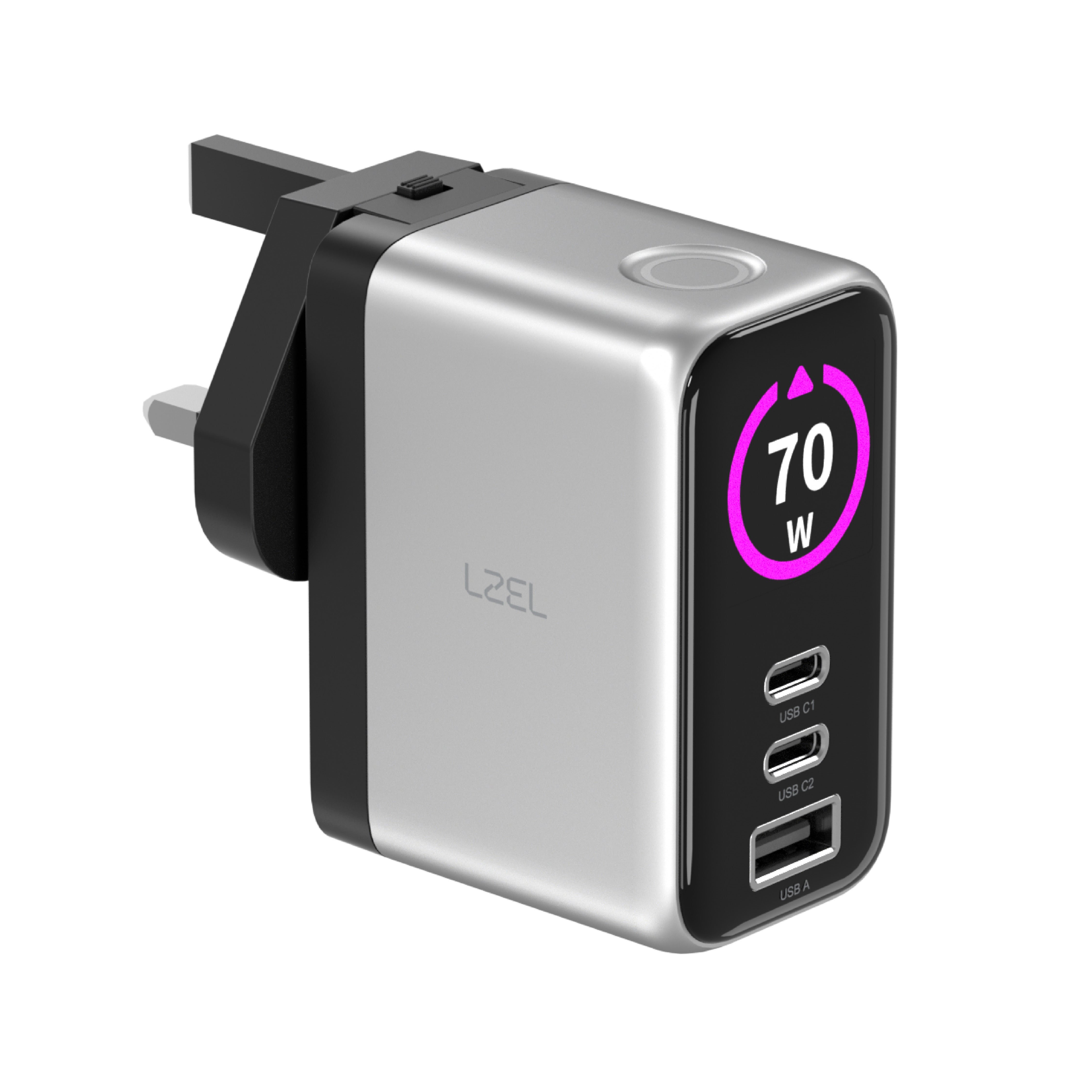 LZEL 70W GaN Travel Charger with 3-Port PD Digital Display & UK/EU/AU Plugs | Silver/Black LZEL 70W GaN Travel Charger with 3-Port PD Digital Display & UK/EU/AU Plugs | Silver/Black